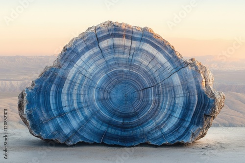 A large, petrified wood cross-section displays mesmerizing blue rings against a desert backdrop at sunset. photo