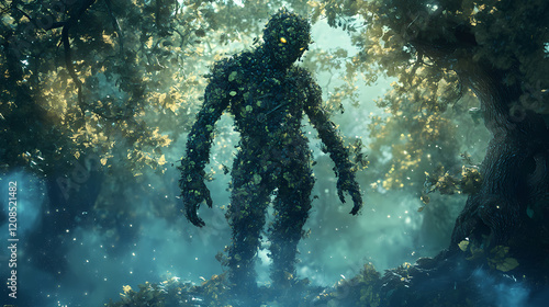 Earth golem standing in a mystical grove with ancient trees. Mystic Grove. Illustration photo