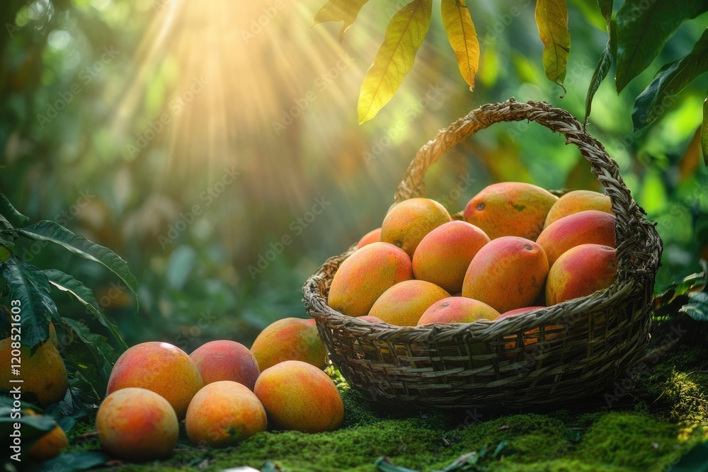 A sunlit wicker basket overflows with ripe, juicy mangoes, nestled amongst lush green foliage. A sunlit wicker basket overflows with ripe, juicy mangoes, nestled amongst lush green foliage.