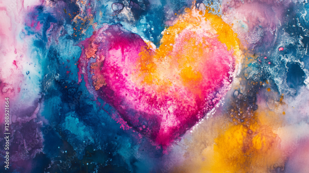 Vibrant watercolor heart glowing against textured background, radiating romantic Valentine's Day warmth and passionate color palette Vibrant watercolor heart glowing against textured background, radiating romantic Valentine's Day warmth and passionate color palette