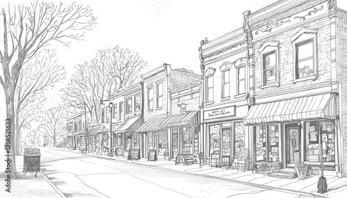 Line drawings small town main streets, featuring local shops and quaint architecture.