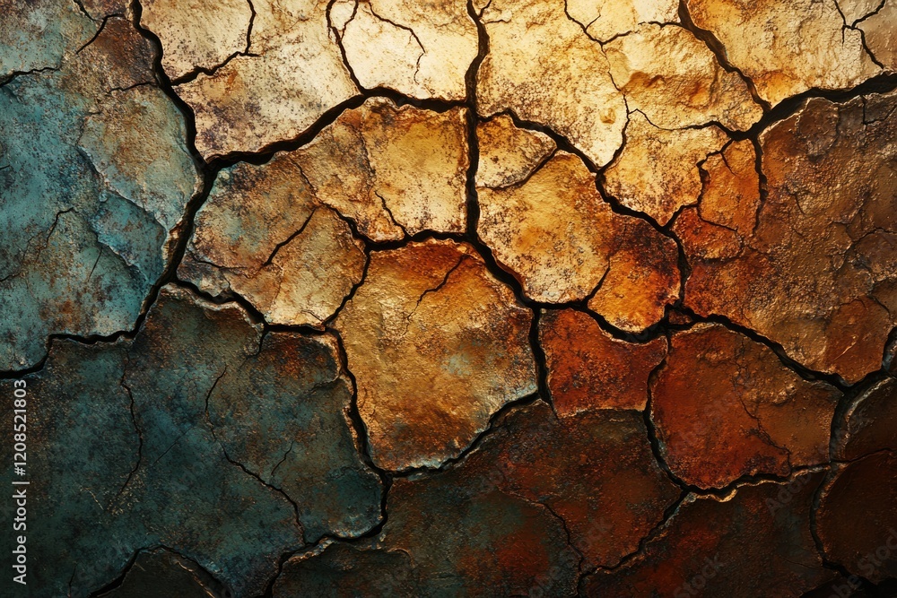 Cracked earth texture with rich, metallic tones of gold, bronze, and teal. Cracked earth texture with rich, metallic tones of gold, bronze, and teal.