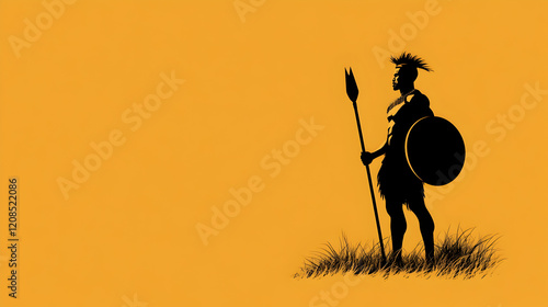 A minimalist illustration of a Zulu warrior with a shield and spear. Zulu warrior silhouette.