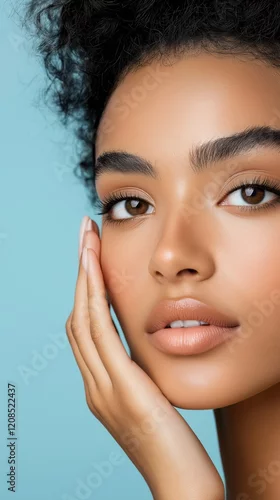 Obraz Close up portrait of a young woman with afro hair gently touching her face, showcasing flawless skin and natural makeup on a light blue background