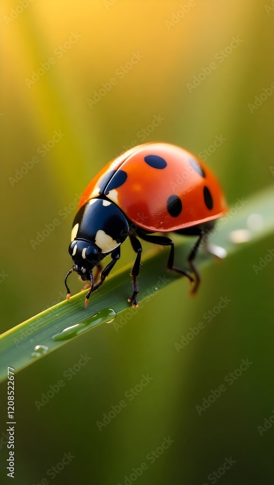 Fototapeta premium Red Ladybug on Green Leaf with Water Droplets in Golden Light