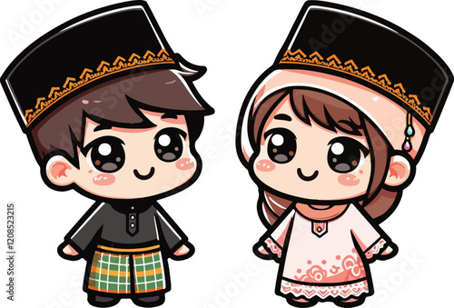 Cute muslim boy and girl. Happy Ramadan, Happy Fasting Day. Selamat Hari Raya Aidilfitri greeting card cartoon character.