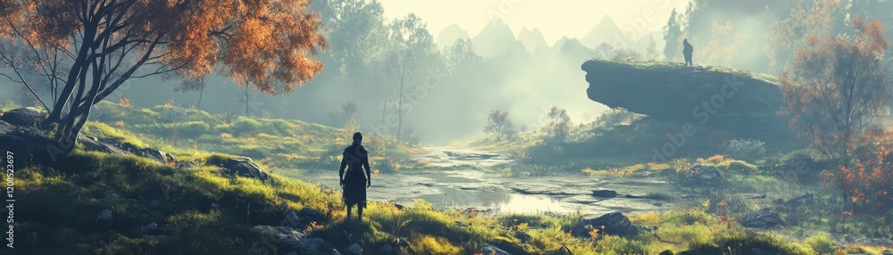 Fototapeta premium Solitary Figure Contemplates Autumnal Valley Landscape