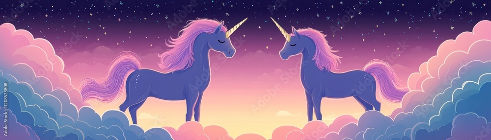 Naklejka premium Two Purple Unicorns in Love, Starry Night Cloudscape