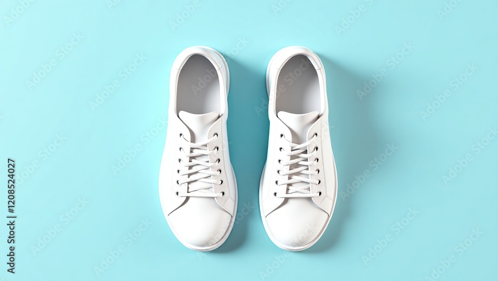 A pair of white leather sneakers on a light blue background A pair of white leather sneakers on a light blue background