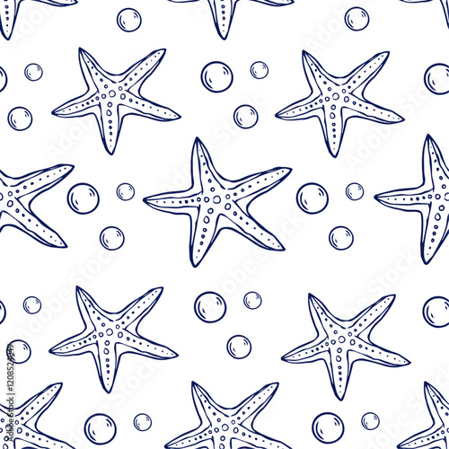 Seamless pattern with summer patterns of aquatic inhabitants of starfish. Vector graphics.