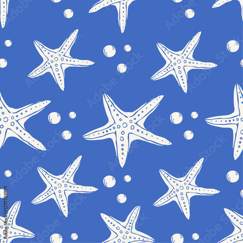 Seamless pattern with summer patterns of aquatic inhabitants of starfish. Vector graphics.