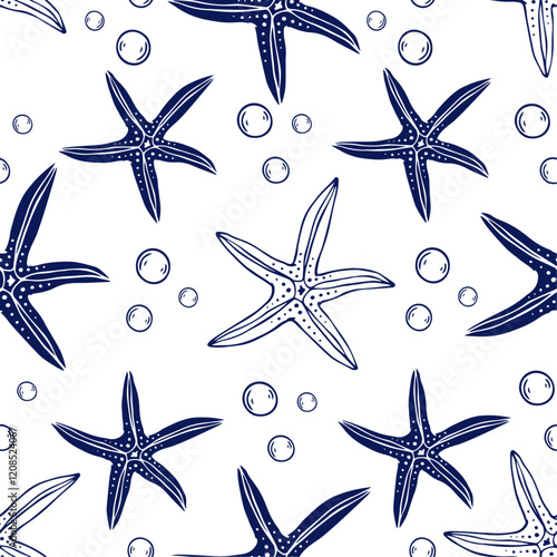 Seamless pattern with summer patterns of aquatic inhabitants of starfish. Vector graphics.