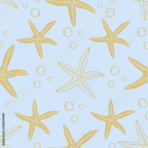 Seamless pattern with summer patterns of aquatic inhabitants of starfish. Vector graphics.