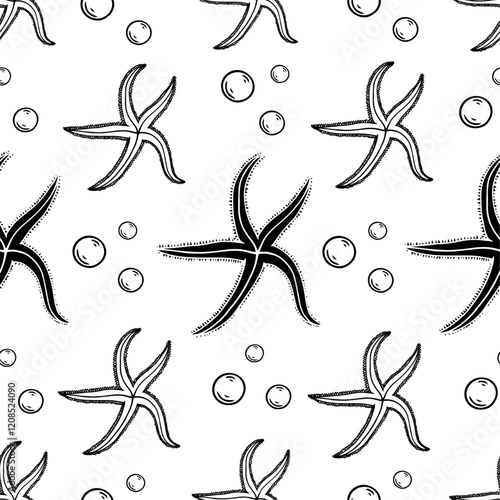 Seamless pattern with summer patterns of aquatic inhabitants of starfish. Vector graphics.