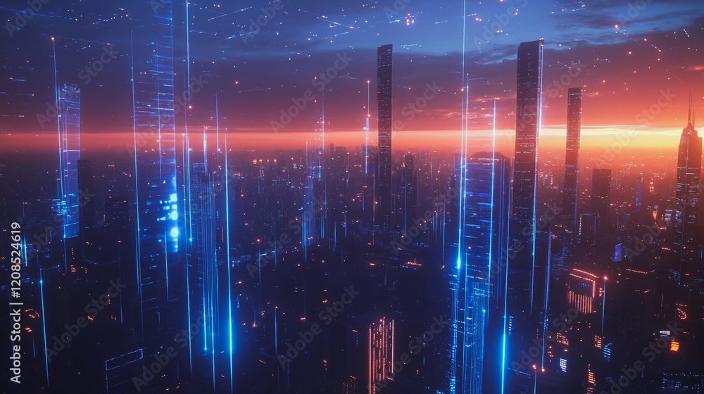 Fototapeta premium Smart digital Innovation city with connection network reciprocity over the cityscape. of future smart wireless digital city and social media networking systems that connects people with in city