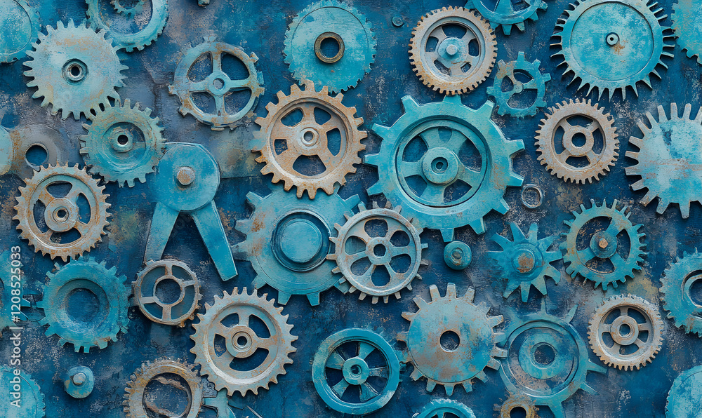 Intricate arrangement of rustic blue gears, cogs, and clockwork elements on a textured background. Perfect for steampunk, industrial, or machinery themes.