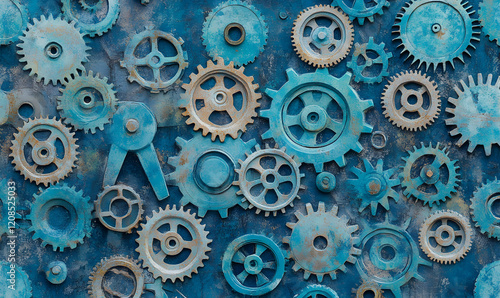Wallpaper Mural Intricate arrangement of rustic blue gears, cogs, and clockwork elements on a textured background. Perfect for steampunk, industrial, or machinery themes. Torontodigital.ca