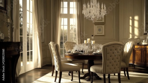 A chic dining room with a crystal chandelier, polished wooden table, and upholstered chairs in neutral tones. photo