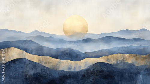 A soft pastel watercolor abstract painting of a beautiful mountain peak landscape, rendered with golden lines and presented as a minimalist panorama banner illustration photo