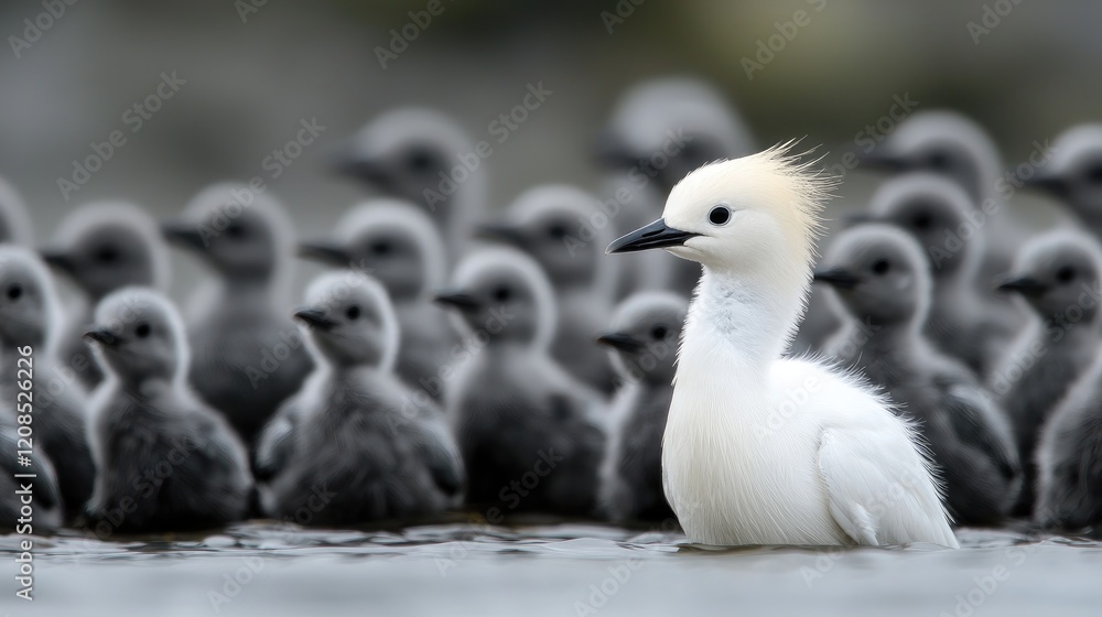 Fototapeta premium White bird chick among grey chicks, water, nature, wildlife, conservation