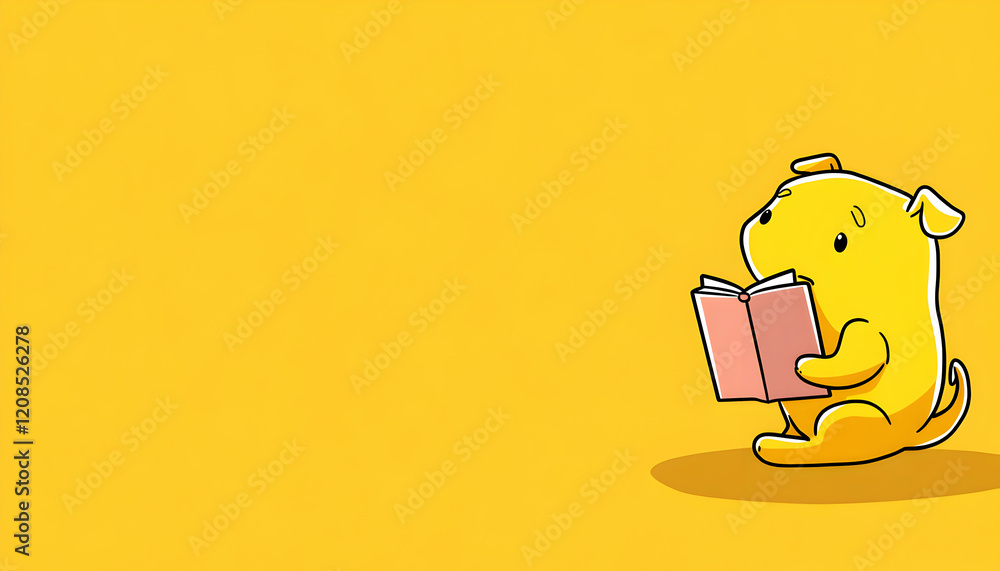 Obraz premium Adorable yellow puppy engrossed in reading a pink book against a vibrant yellow backdrop. Perfect for children's books, educational resources, or websites promoting literacy.