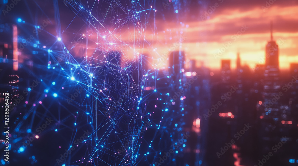 Obraz premium Smart digital Innovation city with connection network reciprocity over the cityscape. of future smart wireless digital city and social media networking systems that connects people with in city