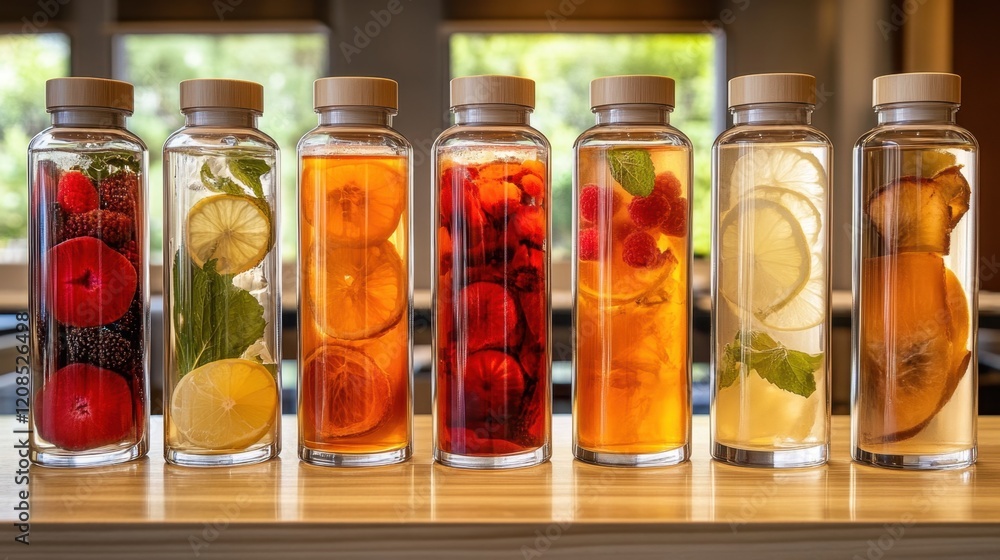 A curated collection of iced teas with fresh fruit infusions on a hotel buffet counter. A curated collection of iced teas with fresh fruit infusions on a hotel buffet counter.
