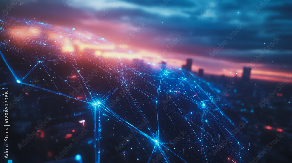 Obraz premium Smart digital Innovation city with connection network reciprocity over the cityscape. of future smart wireless digital city and social media networking systems that connects people with in city