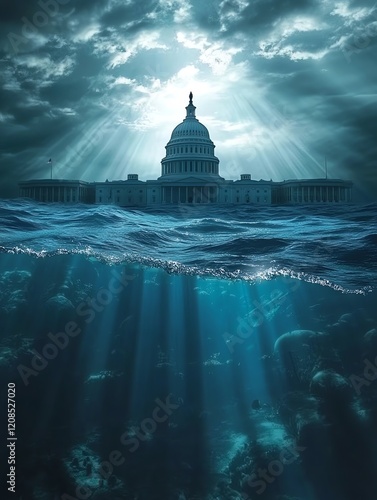 US Capitol Submerged Underwater with Dramatic Sky and Sunlight Rays