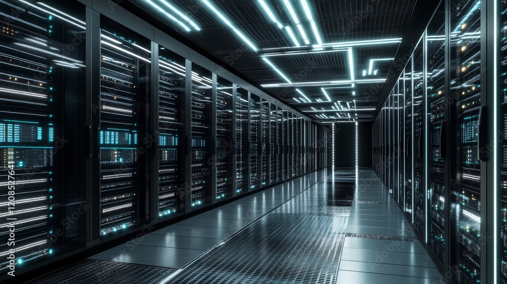 Obraz premium A modern data center with rows of server racks and glowing LED indicators, Data center scene, High-tech and secure style