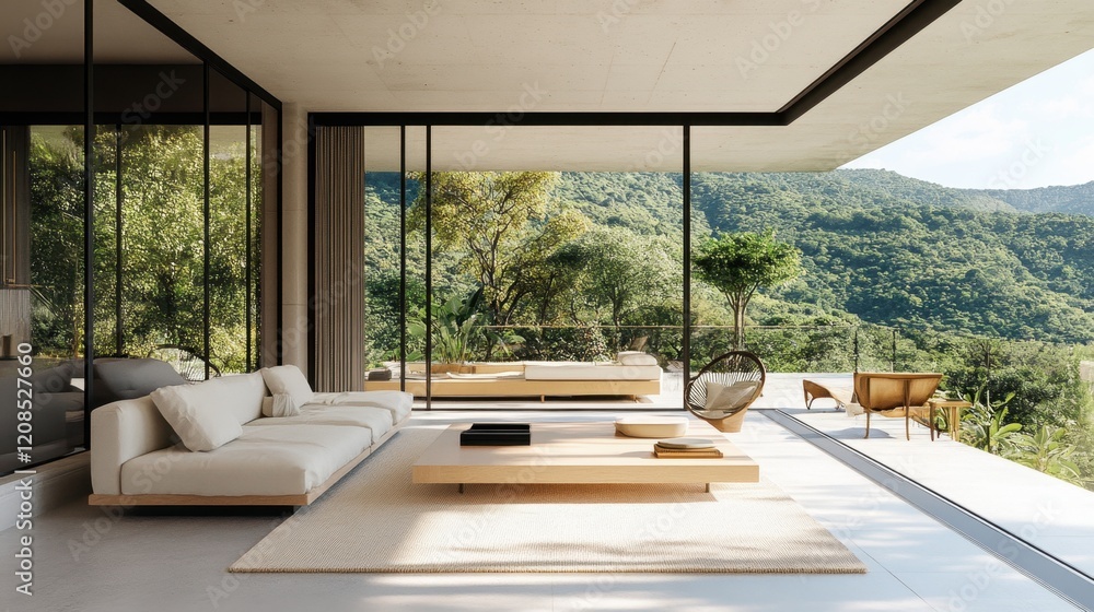 A high-end hotel room with floor-to-ceiling windows, a spacious seating area, and modern decor. A high-end hotel room with floor-to-ceiling windows, a spacious seating area, and modern decor.