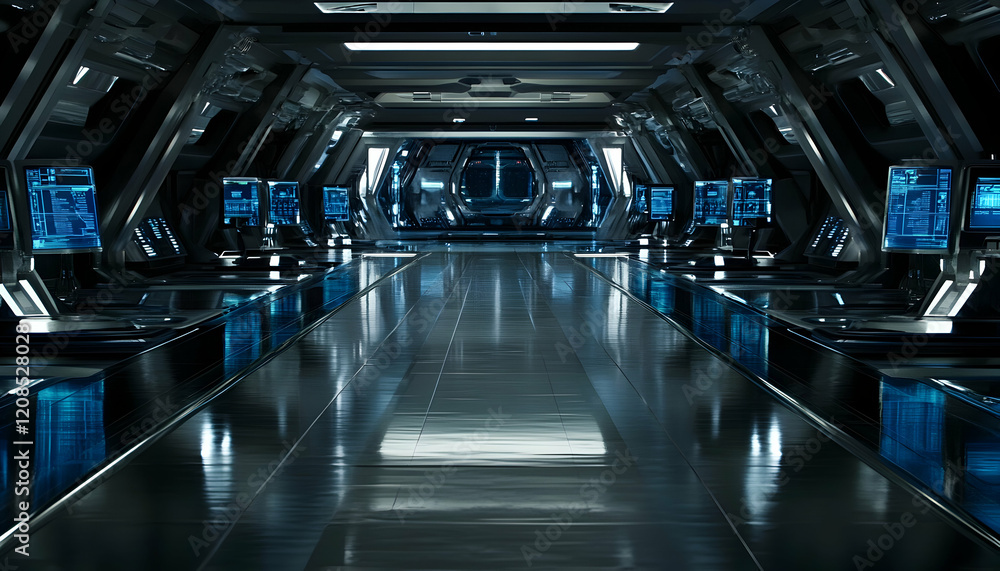 Naklejka premium Futuristic spaceship interior; sleek metallic corridor with glowing computer screens, reflecting floor. Perfect for sci-fi, technology, or space exploration themes.
