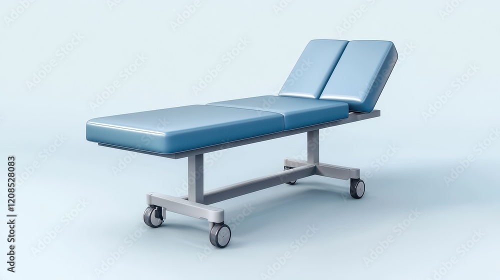Blue medical examination table with adjustable sections and wheels on light background Blue medical examination table with adjustable sections and wheels on light background