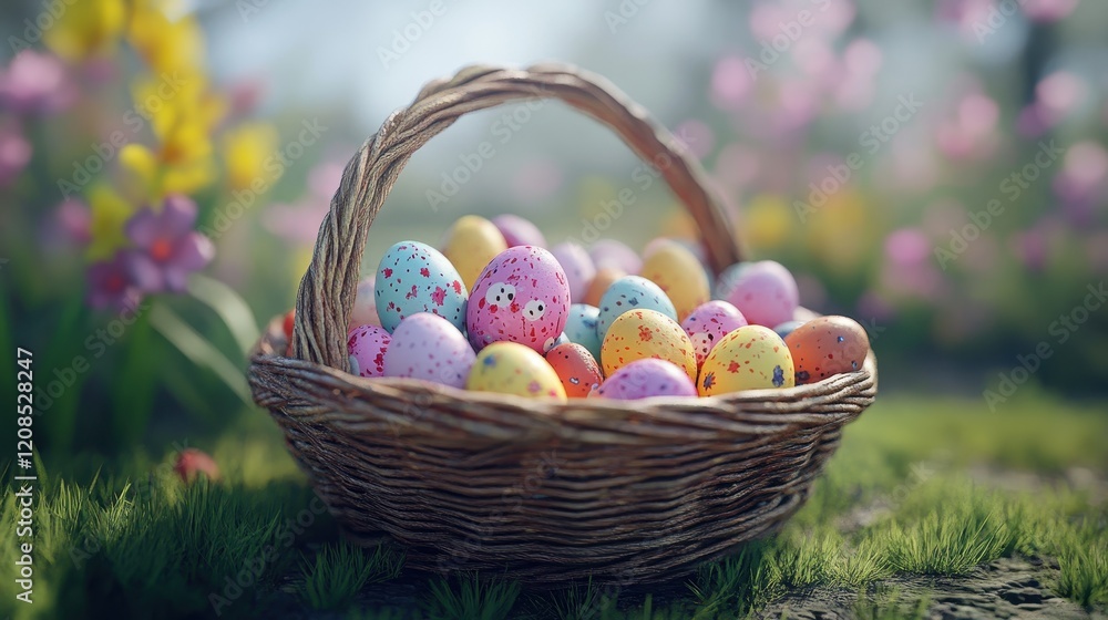 Vibrant easter basket with colorful eggs in lush spring garden setting Vibrant easter basket with colorful eggs in lush spring garden setting