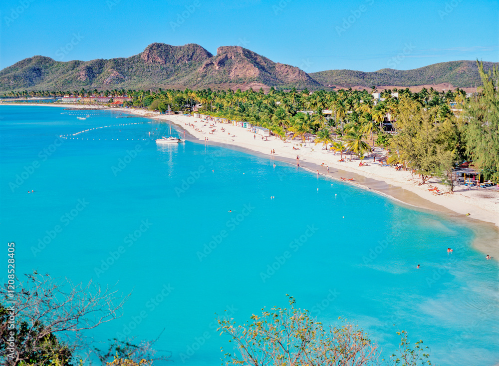 Antigua. North from Coco Beach over Valley Church Bay and Lignum Vitae Bay to Jolly Harbour on west coast of Caribbean island