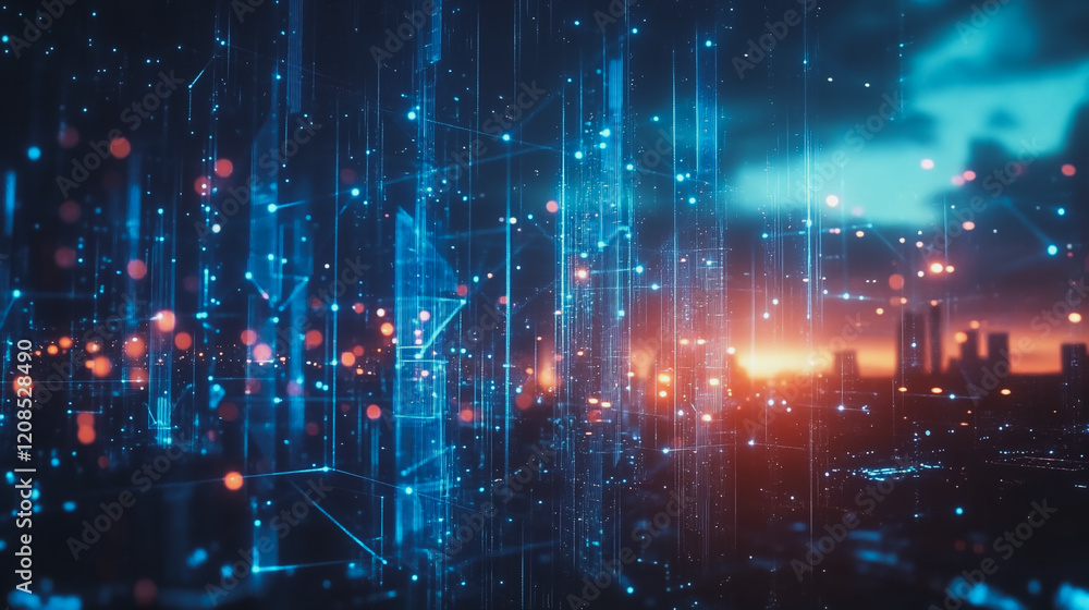 Obraz premium Smart digital Innovation city with connection network reciprocity over the cityscape. of future smart wireless digital city and social media networking systems that connects people with in city