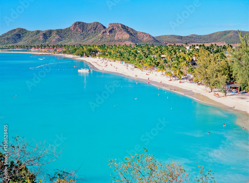 Obraz na płótnie Antigua. North from Coco Beach over Valley Church Bay and Lignum Vitae Bay to Jolly Harbour on west coast of Caribbean island w salonie