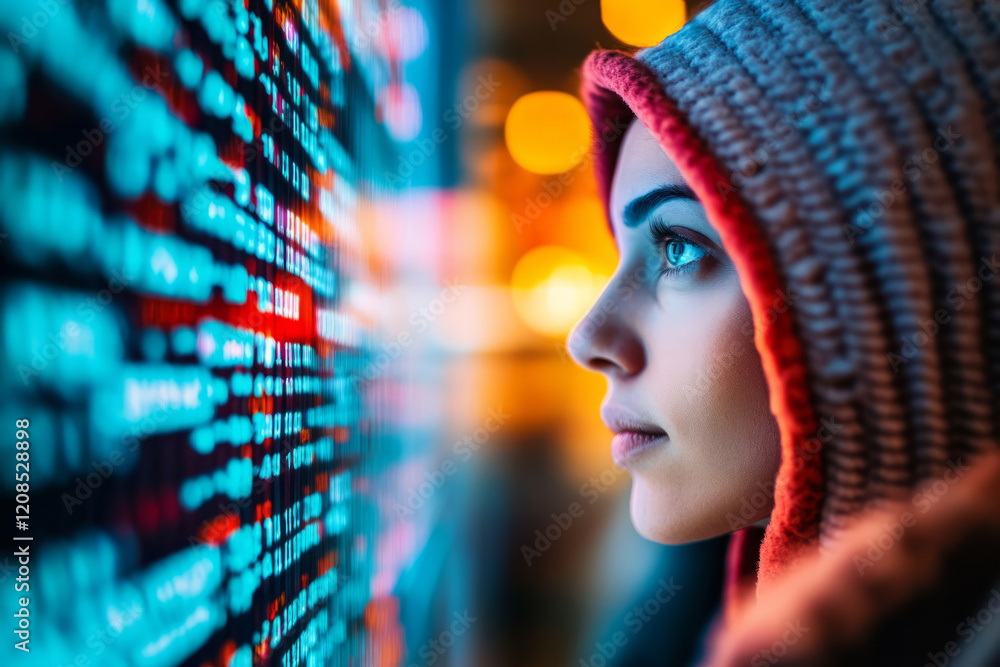 Woman observing digital data on a futuristic screen Woman observing digital data on a futuristic screen
