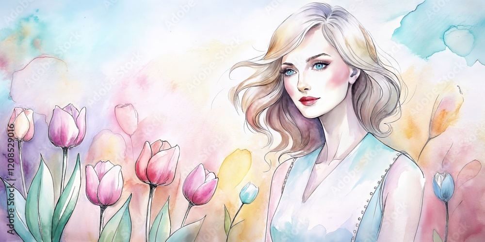 Woman with soft smile surrounded by colorful tulips Woman with soft smile surrounded by colorful tulips