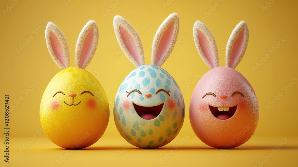 Whimsical easter smiling eggs with bunny ears on yellow background Whimsical easter smiling eggs with bunny ears on yellow background