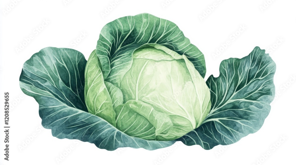 Obraz premium Watercolor Cabbage with Lush Green Leaves