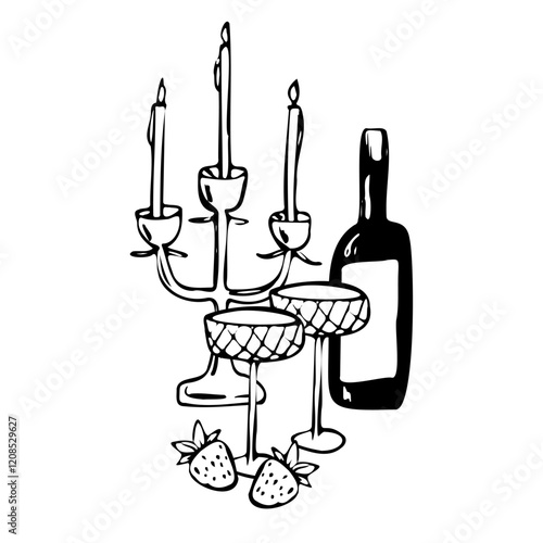 Minimalistic hand drawn vector line art illustration of a wine bottle, candelabra with candles, strawberry and elegant glasses. Perfect for romantic, festive, dinner themed projects or invitations