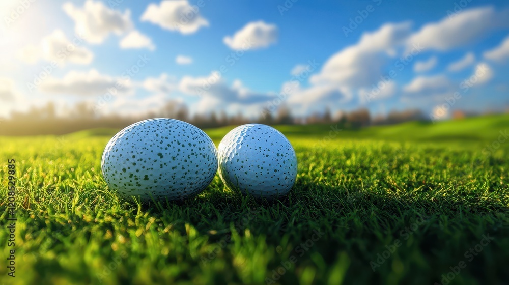 Easter-themed scene with golf ball and eggs on green grass under blue sky Easter-themed scene with golf ball and eggs on green grass under blue sky