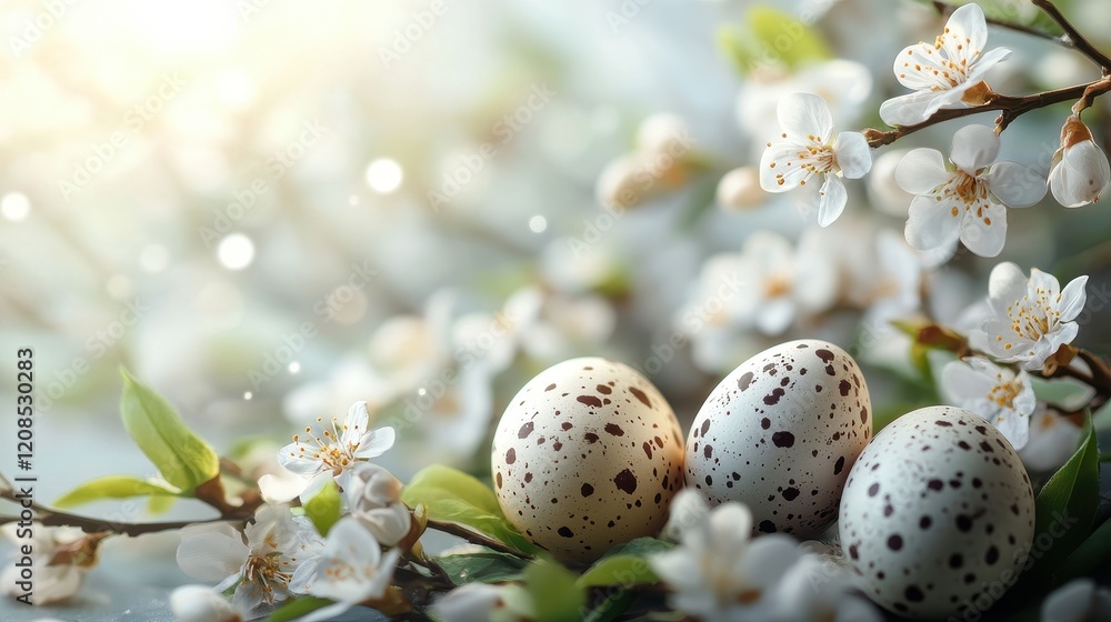Obraz premium Happy easter celebration with eggs and blossoming spring flowers