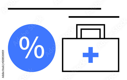 First aid kit with cross, blue percentage sign, parallel lines. Ideal for healthcare costs, medical savings, financial planning, insurance, budget management, cost efficiency abstract line flat