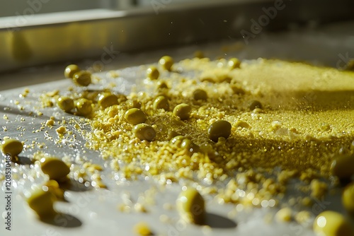 Freshly harvested olives crushed and pressed into golden olive oil, step by step on a clean kitchen surface. photo