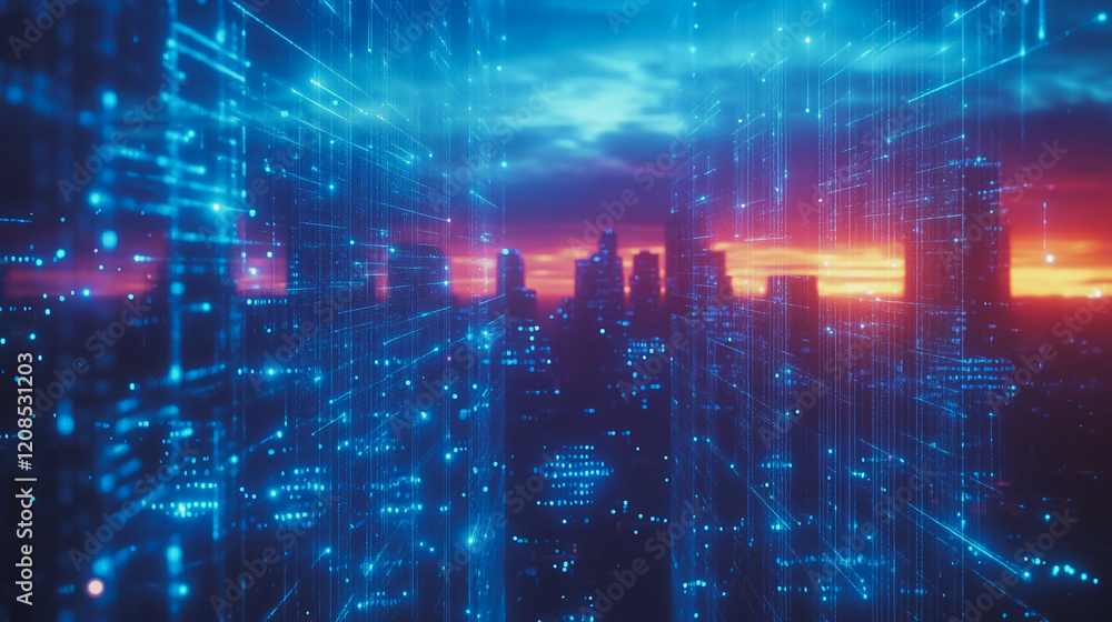 Obraz premium Smart digital Innovation city with connection network reciprocity over the cityscape. of future smart wireless digital city and social media networking systems that connects people with in city