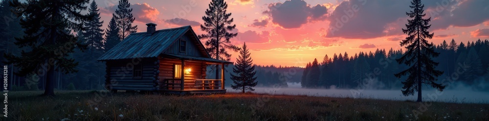 Wooden hunting hut at dusk in the midst of a serene taiga coniferous forest, wooden hut, coniferous Wooden hunting hut at dusk in the midst of a serene taiga coniferous forest, wooden hut, coniferous