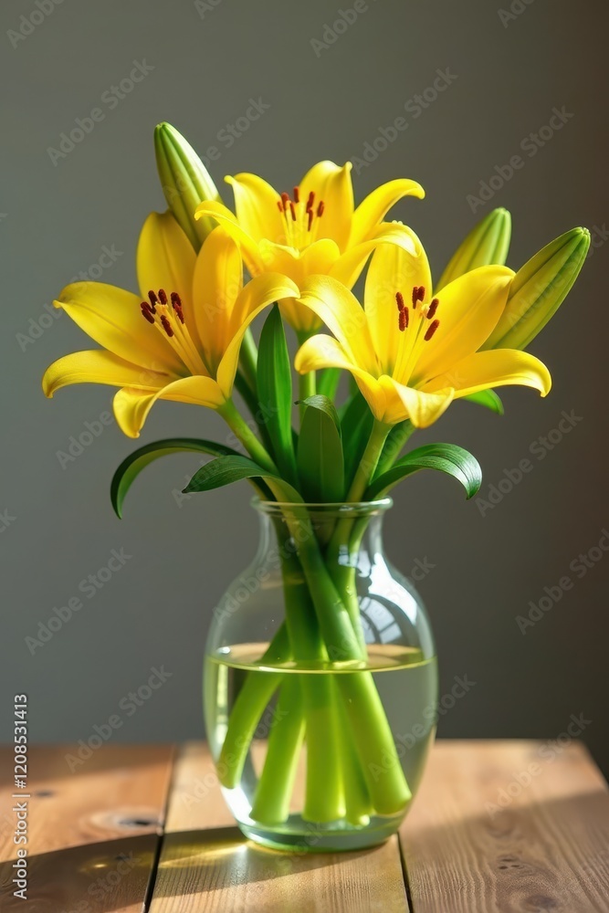 Fototapeta premium Yellow lily stems and leaves in a glass vase on a wooden table, wood, glass, leaves
