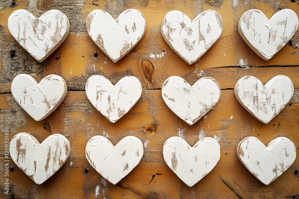 Obraz premium Decorative white wooden hearts arranged on a rustic wooden surface for home decor enhancement